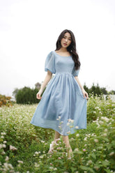 Puff Sleeve Midi Organza Dress with Fitted Bodice and Flowing A-Line Skirt